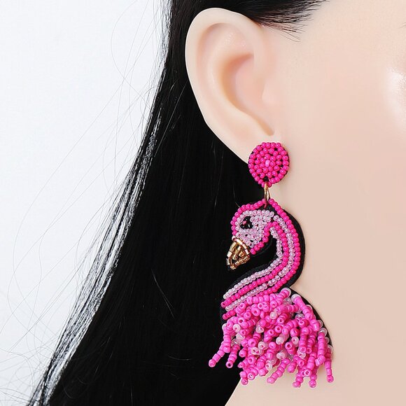 Pink Flamingo Seed Beaded Resort Style Earrings NEW - Picture 2 of 4